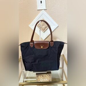Longchamp Black Nylon Tote with Brown Leather Trim